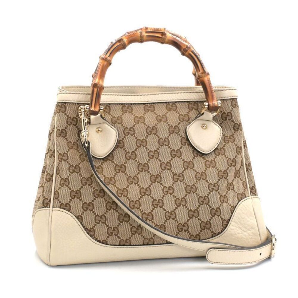 Gucci Bamboo GG Canvas 2Way Tote Bag Beige White